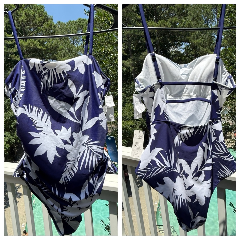Navy and White Leaf Print Swimsuit Size Small NEW